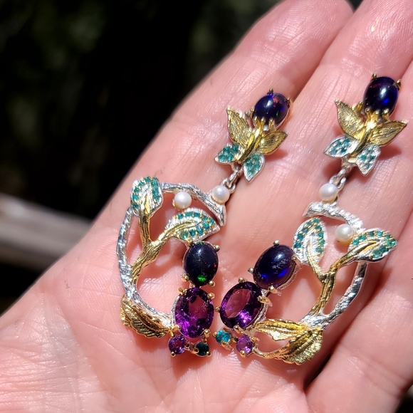 INCREDIBLE fancy Floral Black Opal Aquamarine Amethyst Kyanite & Pearl earrings - Picture 3 of 11